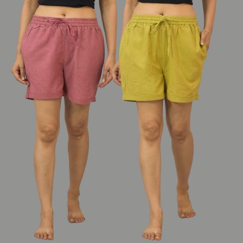 Combo of 2 Olive Green and Pink Cotton Women Shorts