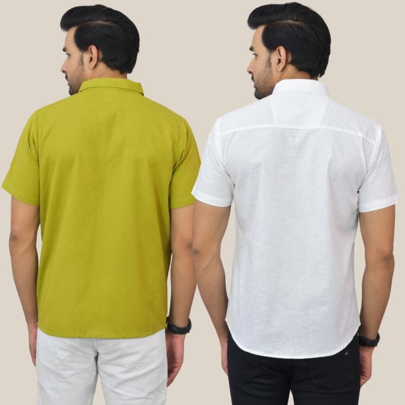 Combo of 2 Olive Green and White Solid Cotton Men Shirt