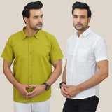 Combo of 2 Olive Green and White Solid Cotton Men Shirt