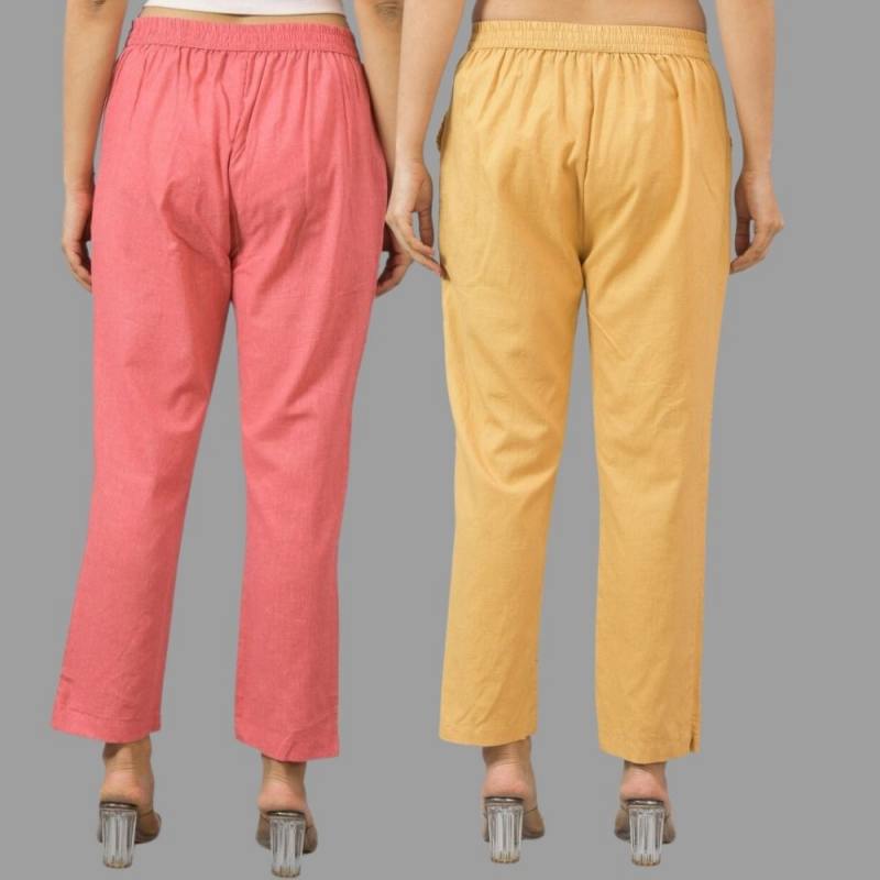 Combo of 2 Peach and Beige Cotton Flax Women Trouser Pants