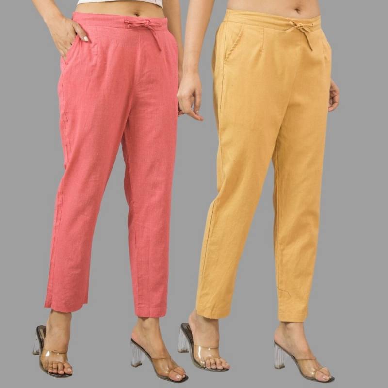 Combo of 2 Peach and Beige Cotton Flax Women Trouser Pants