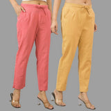 Combo of 2 Peach and Beige Cotton Flax Women Trouser Pants