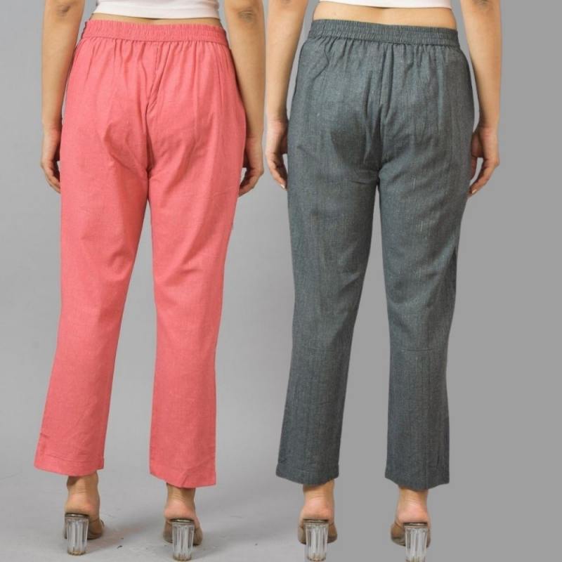 Combo of 2 Peach and Dark Gray Cotton Flax Women Trouser Pants