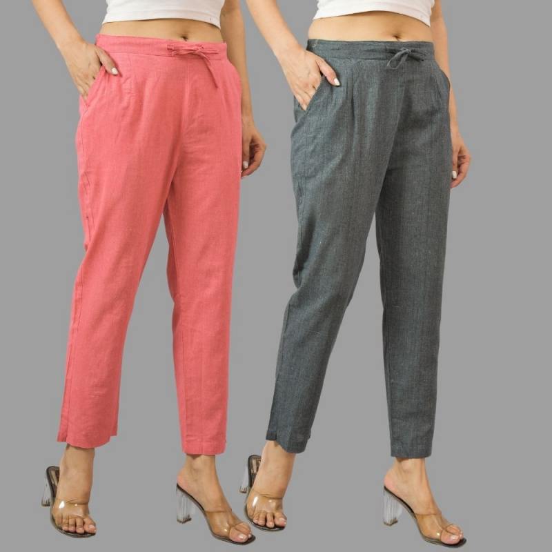 Combo of 2 Peach and Dark Gray Cotton Flax Women Trouser Pants