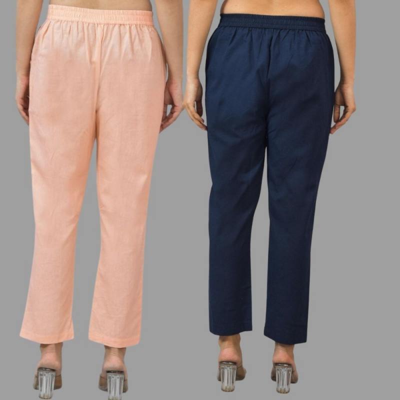 Combo of 2 Peach and Navy Blue Cotton Flax Women Trouser Pants