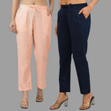 Combo of 2 Peach and Navy Blue Cotton Flax Women Trouser Pants