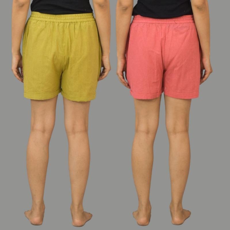 Combo of 2 Peach and Olive Green Cotton Women Shorts-10574