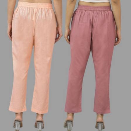 Combo of 2 Peach and Pink Cotton Flax Women Trouser Pants