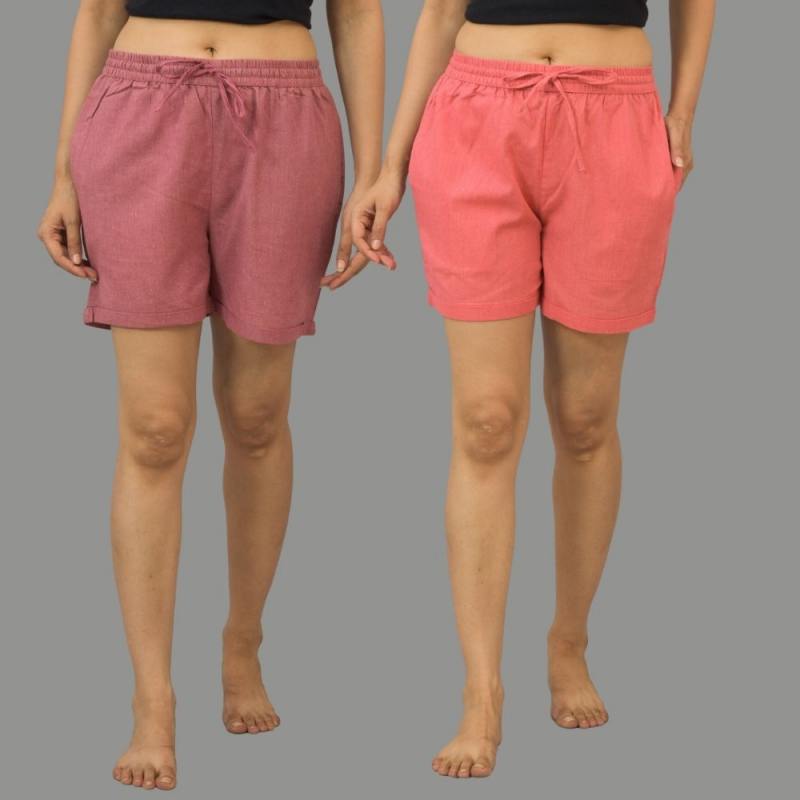 Combo of 2 Peach and Pink Cotton Women Shorts