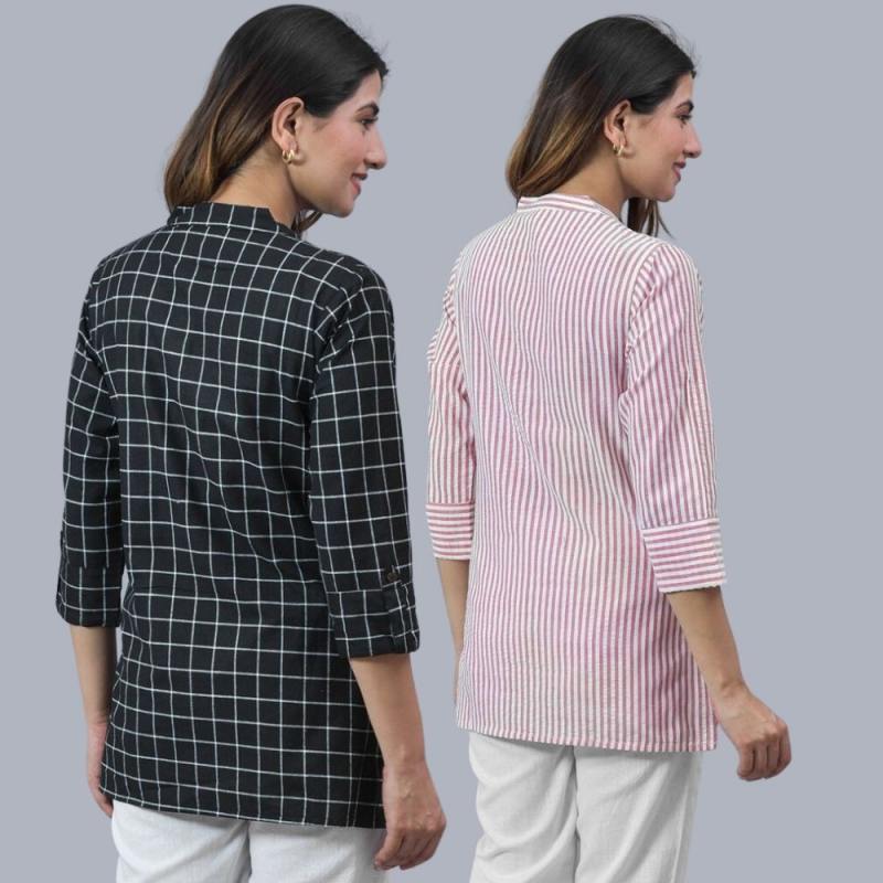 Combo of 2 Pink and Black Cotton Checks and Stripe Women Top