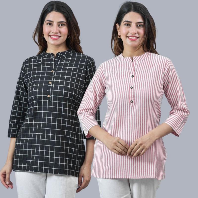 Combo of 2 Pink and Black Cotton Checks and Stripe Women Top