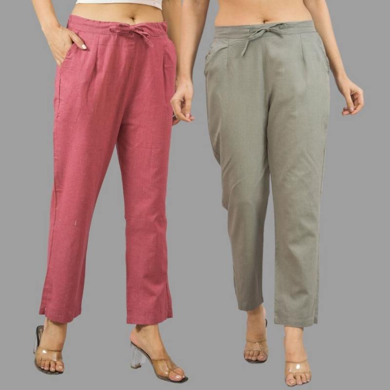 Combo of 2 Navy Blue and Maroon Cotton Flax Women Trouser Pant-10383