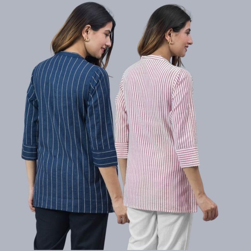 Combo of 2 Pink and Navy Blue Cotton Stripe Women Top