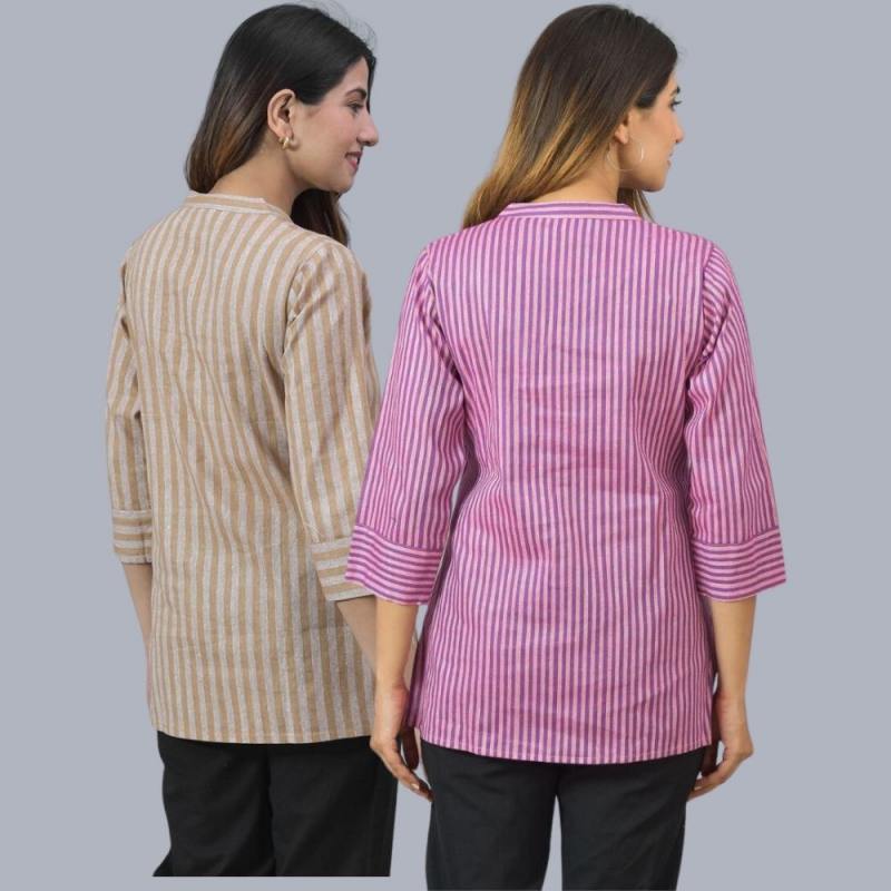 Combo of 2 Purple and Beige Cotton Stripe Women Top-