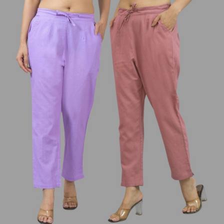 Combo of 2 Purple and Pink Cotton Flax Women Trouser Pants