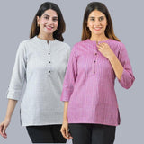 Combo of 2 Purple and White Cotton Stripe Women Top