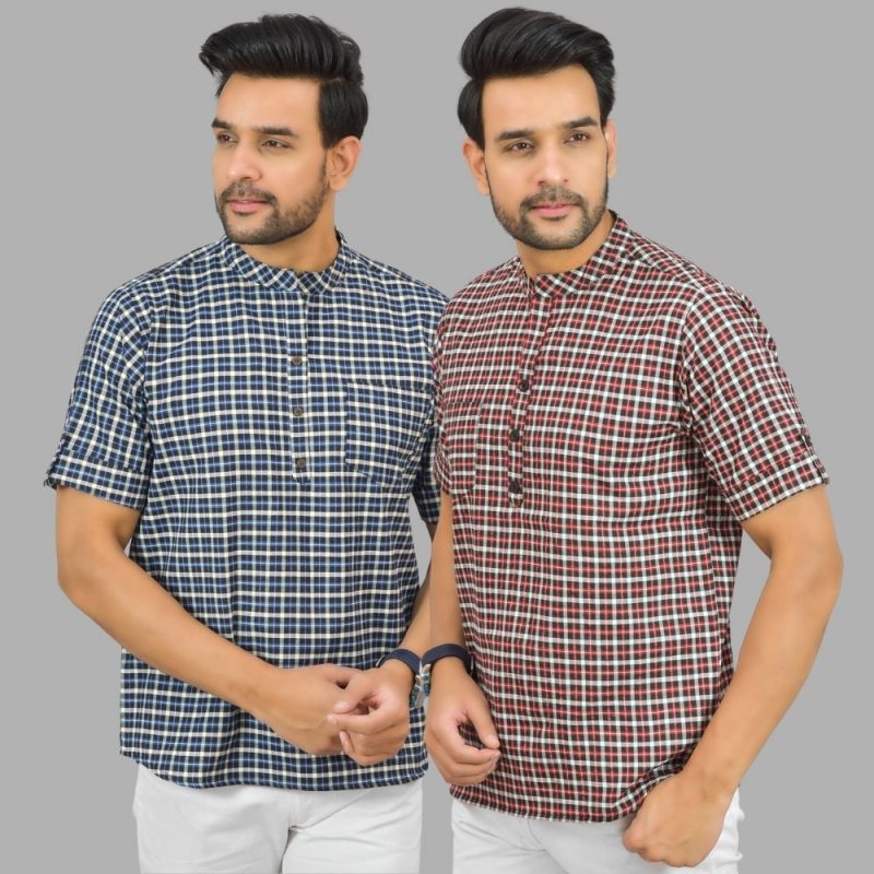 Combo of 2 Red and Blue Cotton Handloom Short Kurta-25366