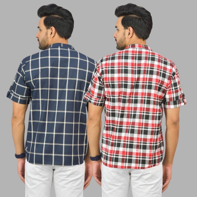 Combo of 2 Red and Navy Blue Cotton Handloom Short Kurta-25378