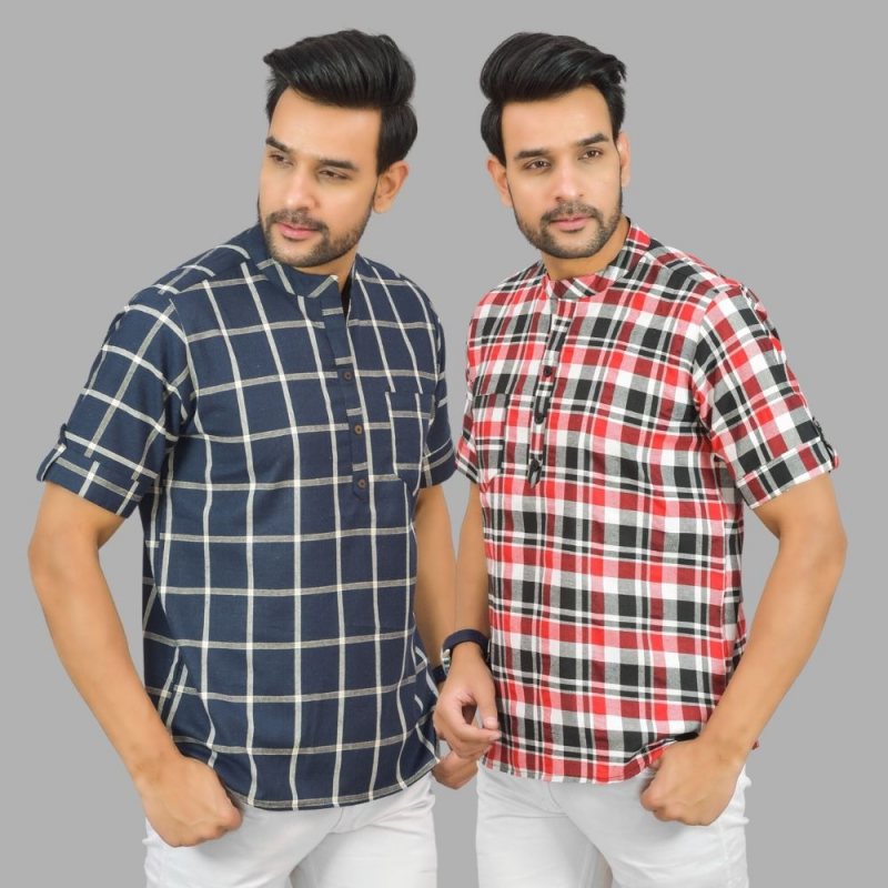 Combo of 2 Red and Navy Blue Cotton Handloom Short Kurta-25378