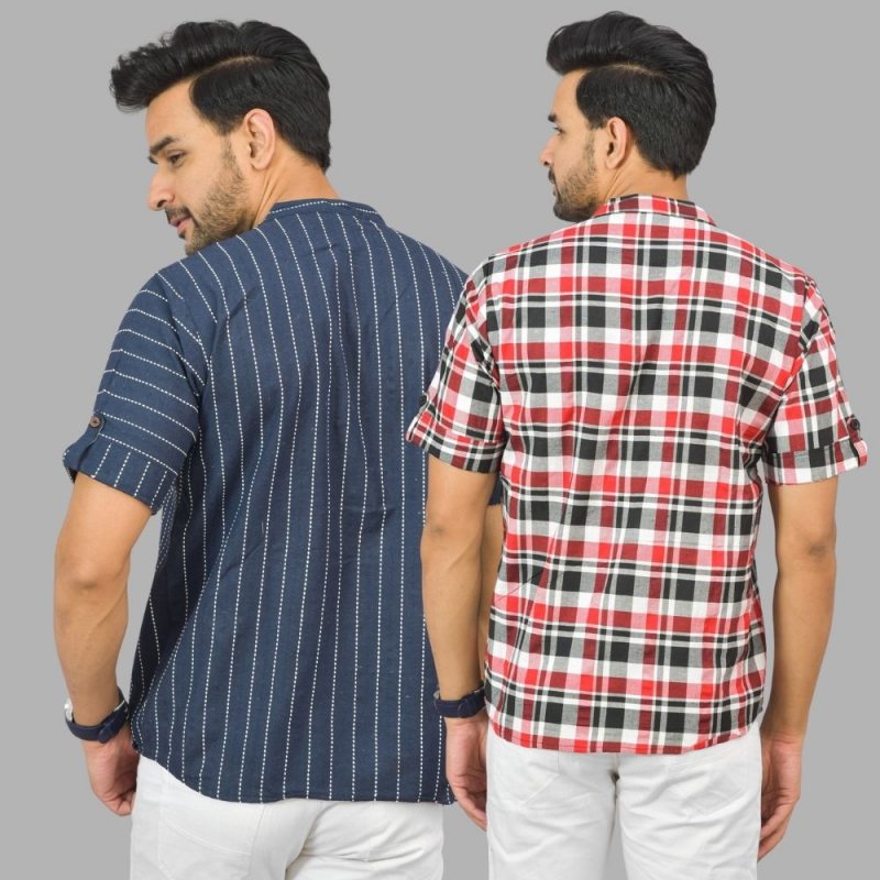 Combo of 2 Red and Navy Blue Cotton Handloom Short Kurta-25382