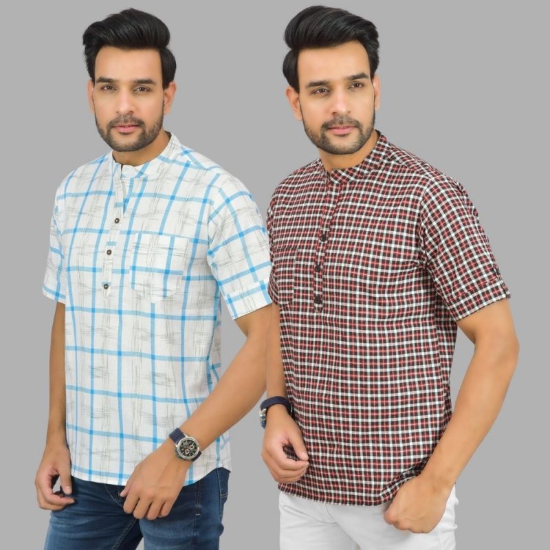 Combo of 2 Red and White Cotton Handloom Short Kurta-25342