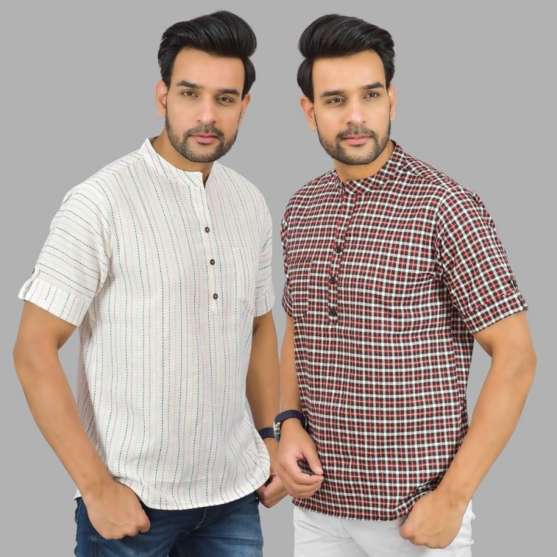 Combo of 2 Red and White Cotton Handloom Short Kurta-25359