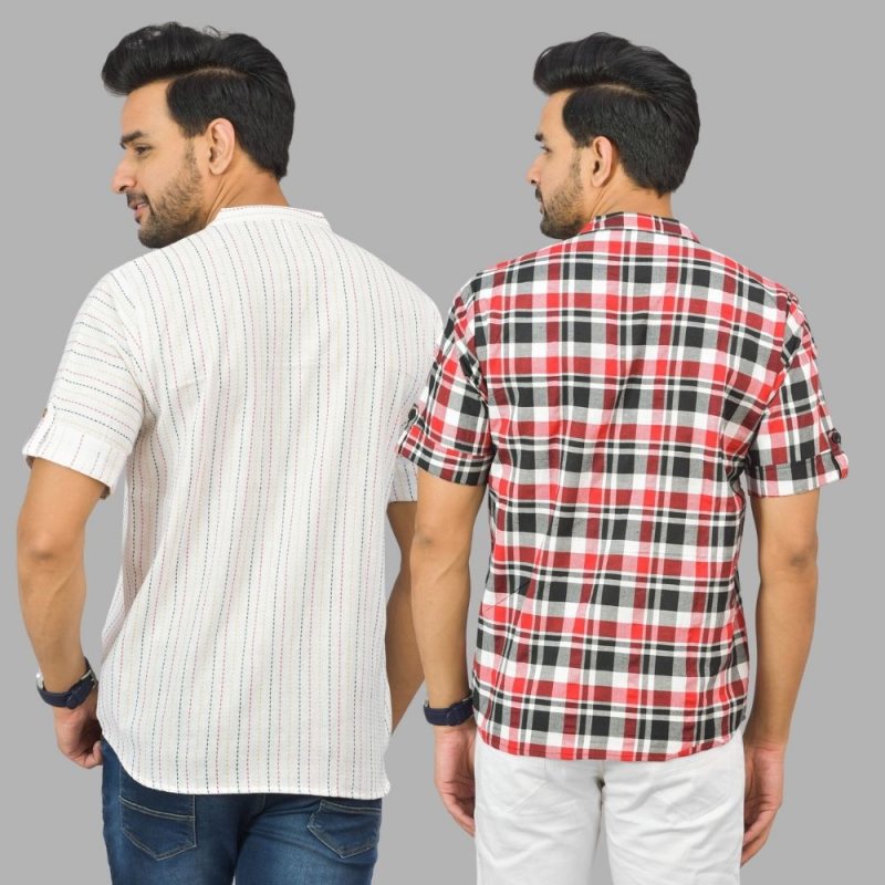 Combo of 2 Red and White Cotton Handloom Short Kurta-25360