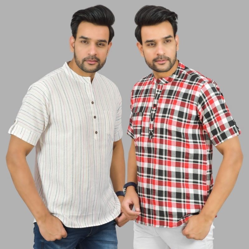 Combo of 2 Red and White Cotton Handloom Short Kurta-25360