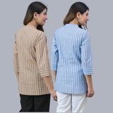 Combo of 2 Sky Blue and Beige Cotton Stripe Women Top