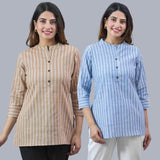 Combo of 2 Sky Blue and Beige Cotton Stripe Women Top