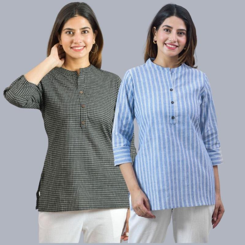 Combo of 2 Sky Blue and Black Cotton Checks and Stripe Women Top-