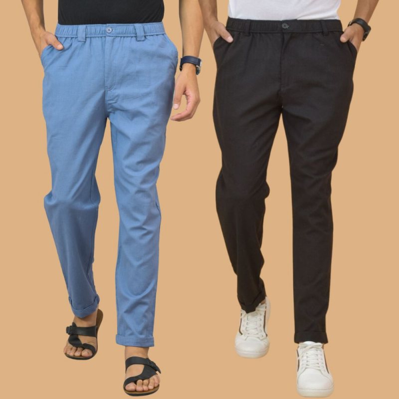 Combo of 2 Sky Blue and Black Cotton Regular Trousers