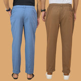 Combo of 2 Sky Blue and Brown Cotton Regular Trousers