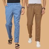 Combo of 2 Sky Blue and Brown Cotton Regular Trousers