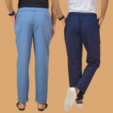 Combo of 2 Sky Blue and Navy Blue Cotton Regular Trousers