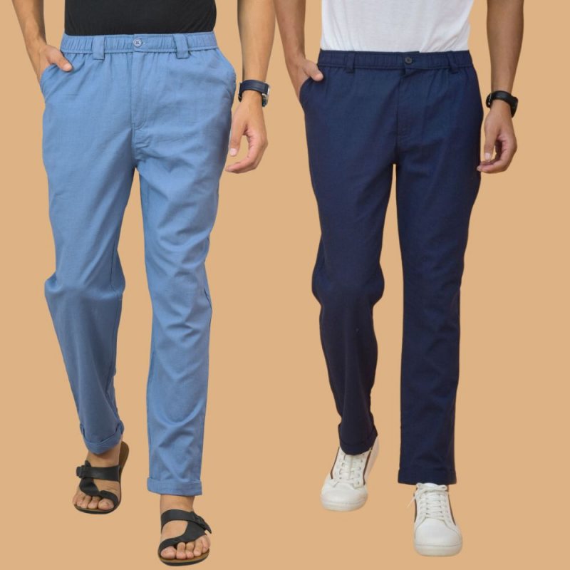 Combo of 2 Sky Blue and Navy Blue Cotton Regular Trousers