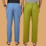 Combo of 2 Sky Blue and Olive Green Cotton Regular Trousers