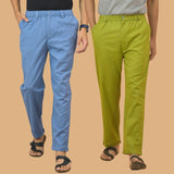 Combo of 2 Sky Blue and Olive Green Cotton Regular Trousers