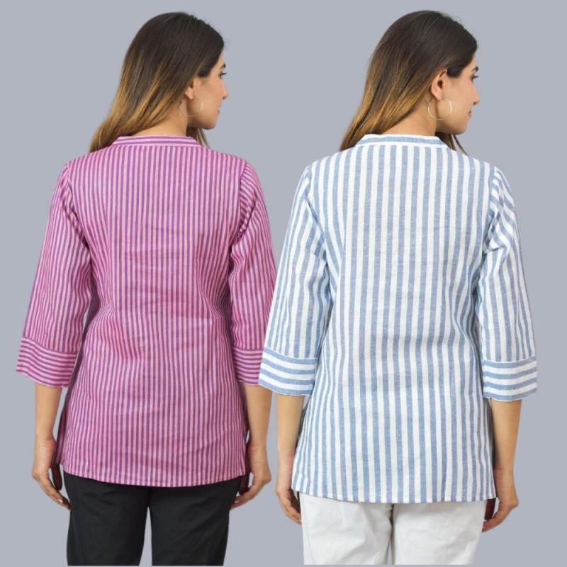 Combo of 2 Sky Blue and Purple Cotton Stripe Women Top