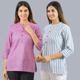 Combo of 2 Sky Blue and Purple Cotton Stripe Women Top