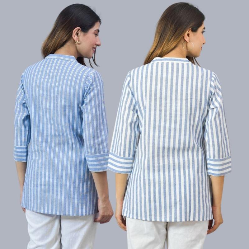 Combo of 2 Sky Blue and Sky Blue Cotton Stripe Women Top-