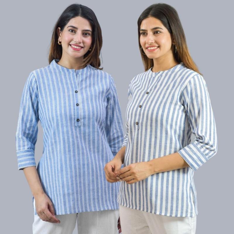 Combo of 2 Sky Blue and Sky Blue Cotton Stripe Women Top-