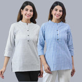 Combo of 2 Sky Blue and White Cotton Stripe Women Top