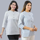 Combo of 2 Sky Blue and White Cotton Stripe Women Top