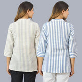 Combo of 2 Sky Blue and White Cotton Stripe Women Top