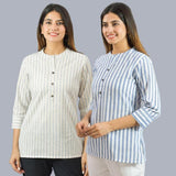 Combo of 2 Sky Blue and White Cotton Stripe Women Top