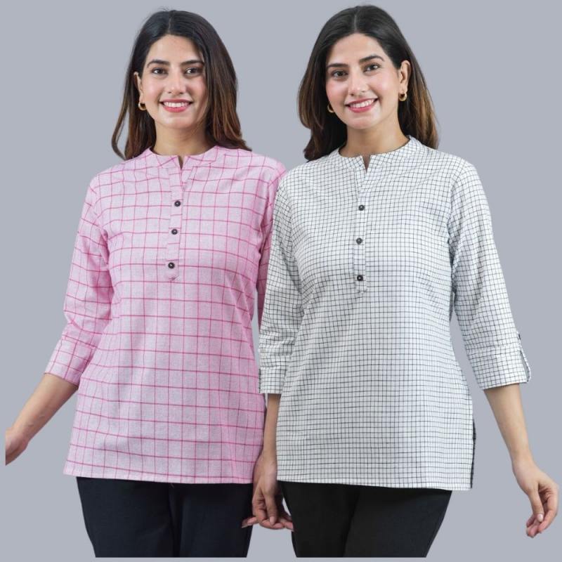 Combo of 2 White and Baby Pink Cotton Checks Women Top-