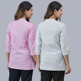 Combo of 2 White and Baby Pink Cotton Checks Women Top-