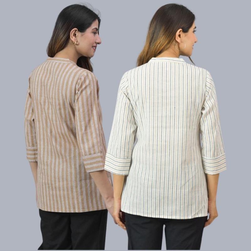 Combo of 2 White and Beige Cotton Stripe Women Top