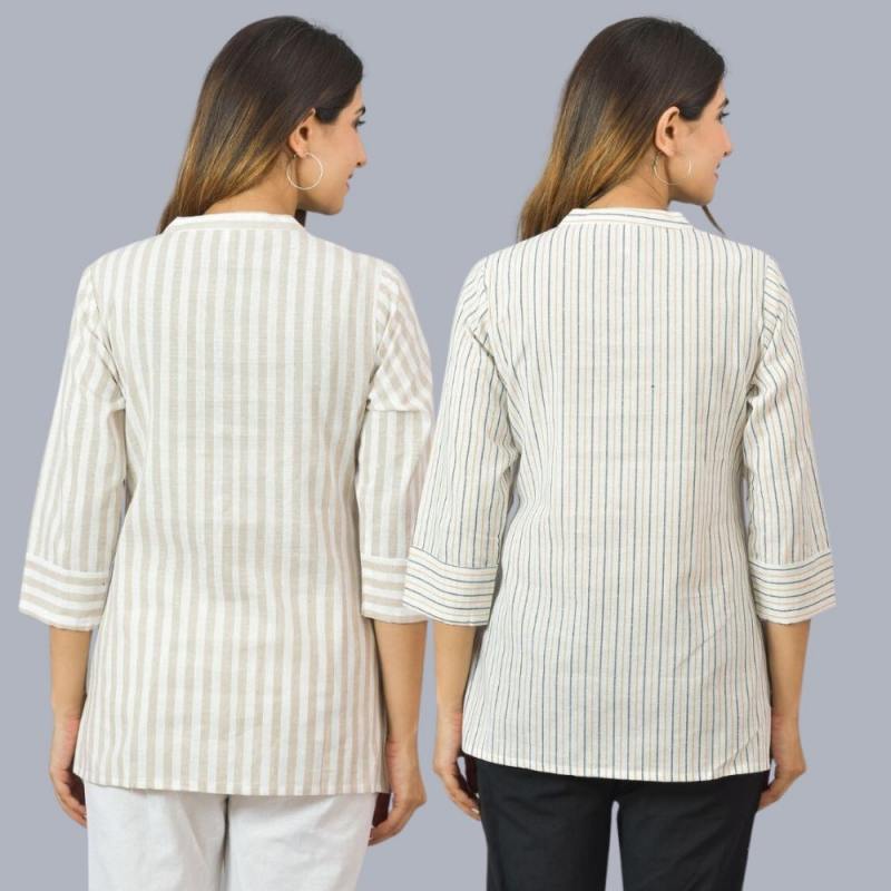 Combo of 2 White and Beige Cotton Stripe Women Top